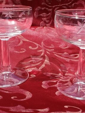 Vintage Javit crystal champagne coupe - Etched Floral Starflower - Set of 2